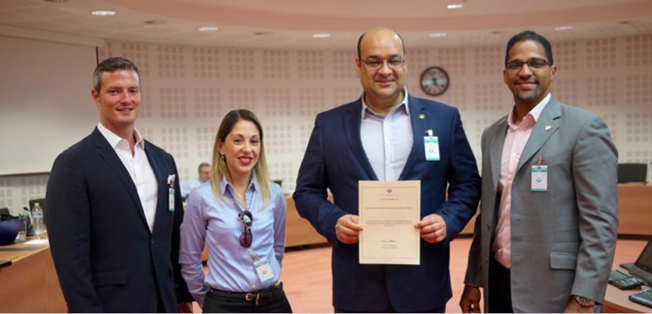 Delegación BASC representados en Sesión Mixta de la Comisión de Políticas: Andrew Farelly - Ct Strategies, Marcela García - BASC Occidente de México, Alvaro Alpízar -Presidente Consejo Directivo WBO y Omar Castellanos -BASC Dominicana.