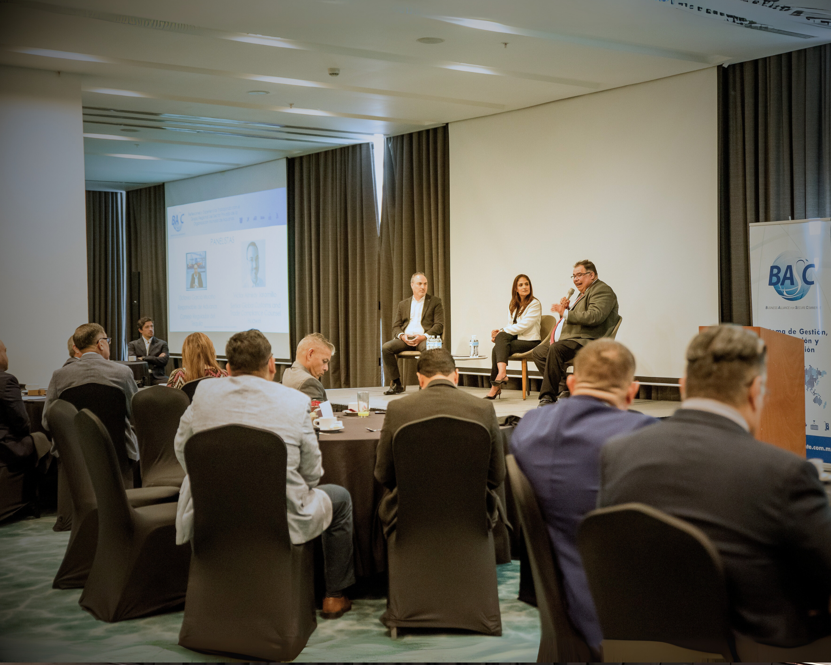 From left to right: Víctor Almiray, senior customs and trade compliance director for Latin America at HUAWEI; Suzanne Lemaitre, executive director of WBO; and Octavio García, strategic planning director at the Tequila Regulatory Council, during the panel “Reflections and Experiences Working with the WCO Regional Private Sector Group.”